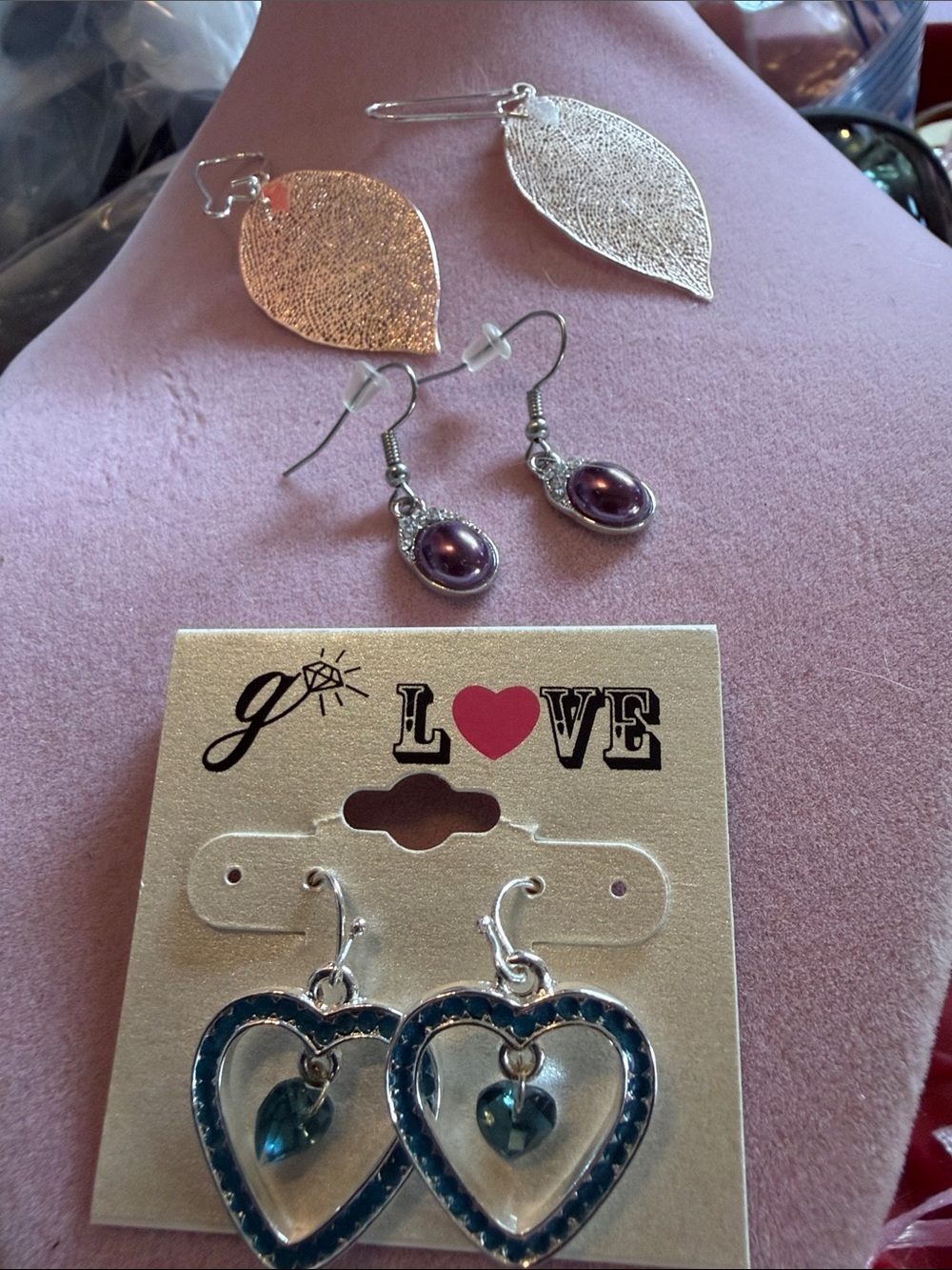 3 Pair, Love Gold Tone Leaf, Purple Drop & Blue Heart Earrings Trio (J0295)